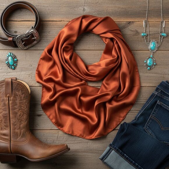 Rust Wild Rag Scarf 35x35 Satin Western Cowgirl Cowboy Bandana - Picture 6 of 10